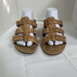 Vionic Orthotic Adjustable Triple Strap Slide Wedges Radia  Gold Cork Size 9